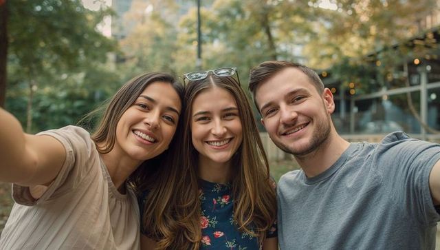 Happy Friends Enjoying Outdoor Leisure Time Capturing Selfie at Café