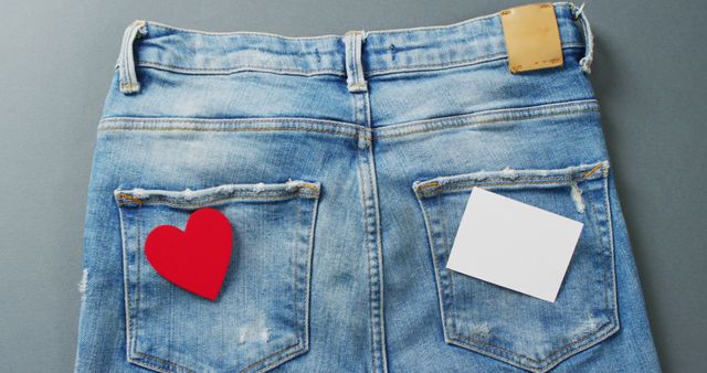 Close up of jeans with heart and white note on grey background with copy space. Denim day, material, style and design concept.