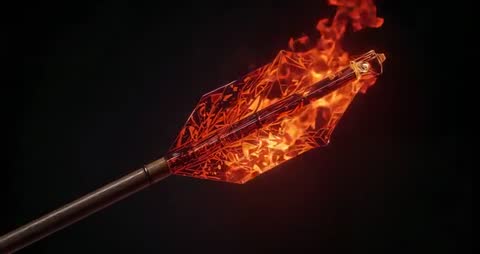 Rotating Glowing Crystal Arrowhead with Flames in Dark Abyss