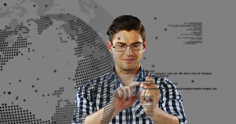 Young man interacting with holographic code and digital globe for tech concept