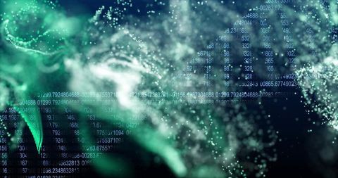 Luminous data nebula visualizing green particle cloud streams and glowing numeric flow