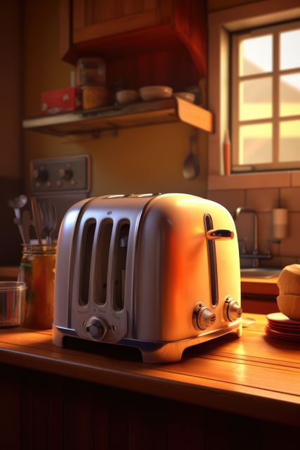 This image depicts a cozy kitchen at sunrise with a vintage-style toaster on a wooden counter. Warm sunlight streams through a window, illuminating the scene and creating a serene morning ambiance. Ideal for use in home decor blogs, culinary websites, or advertisements for kitchen appliances.