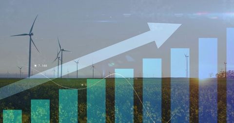 Wind Turbines Rotating Over Farmland with Growth Chart Overlay Renewable Energy Trend