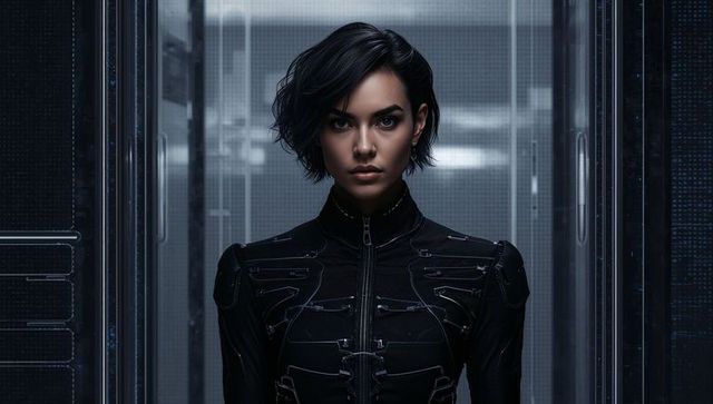 Standing futuristic operative wearing black tactical bodysuit in high-tech led corridor