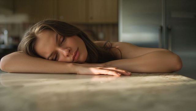 Woman resting head on folded arms on sunlit marble countertop in tranquil kitchen