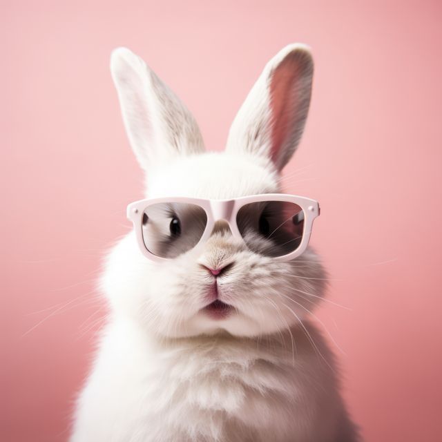This image of a white rabbit wearing sunglasses on a pink background can be used for playful and fun marketing campaigns, advertisements, social media posts, animal-themed websites, or children's products. It conveys a sense of cuteness and fashion, capturing attention with the combination of a cute animal and a quirky accessory.
