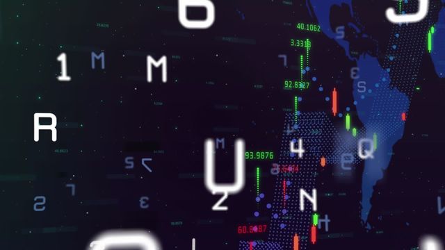 This modern animated scene depicts letters, numbers, and colorful statistical data processing on a digital world map backdrop. Ideal for global business, financial analytics, technology presentations, and data visualization projects, this versatile visual can effectively illustrate concepts in information technology and digital transformation.