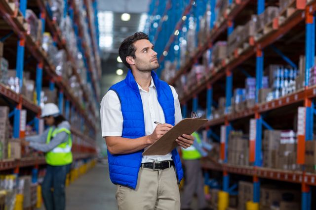 Warehouse worker writing on clipboard while surrounded by high shelves filled with various items. Another worker in safety vest in the background also engaged in inventory activities. Ideal for content related to logistics, supply chain management, warehouse operations, and industrial workplaces.