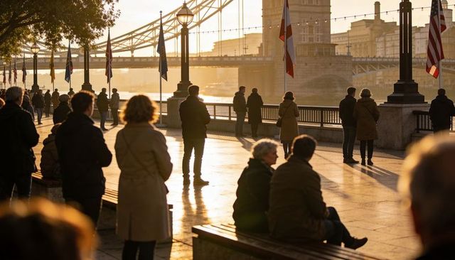 Watching golden hour on riverside promenade with tower bridge silhouettes