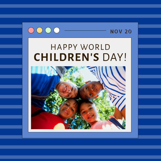Nov 20 and happy world children's day text with portrait of diverse children in photo frame. Composite, vector, polaroid, friends, enjoyment, childhood, togetherness, welfare, awareness, promotion.