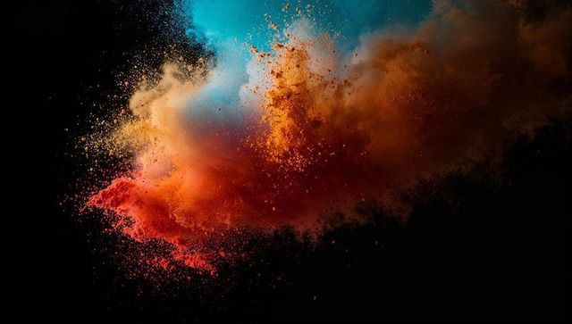 Dynamic burst of vibrant color powders forming abstract cloud