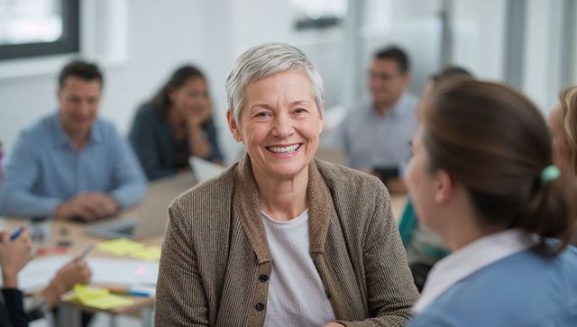 Smiling senior female leader engaging in office meeting