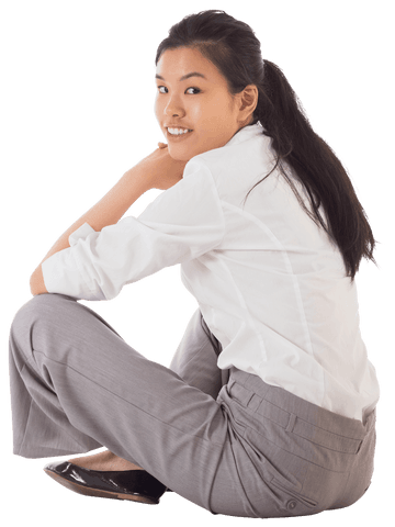 Transparent BusLifestyle Transparencyinesswoman Sitting Cross Legged Smiling Confidently