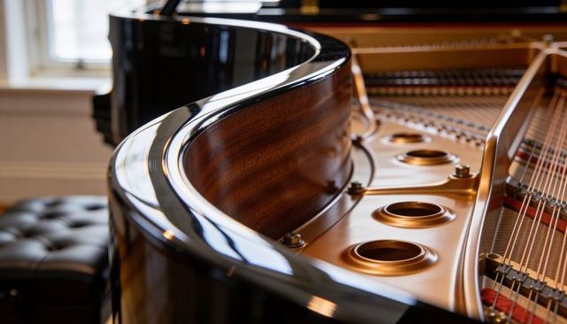 Grand piano interior gleaming and revealing cast-iron plate, strings, woodgrain close-up