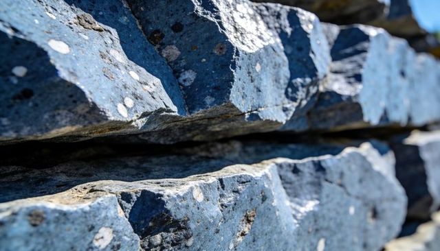 Sunlit blue-gray dry stone wall close-up showing layered lichen-covered rock slabs texture