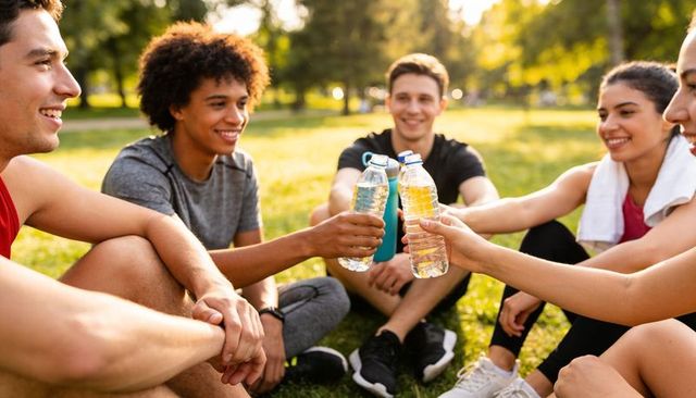 Friends celebrating outdoor workout success in sunlit park holding water bottles