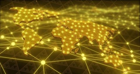 Golden Global Network Map with Glowing Nodes and Connected Lines for Tech Visualization