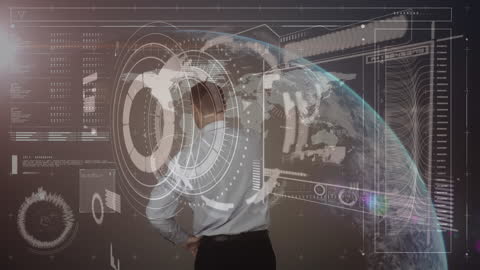 Businessman Analyzing Futuristic Data Interface with Earth Visual