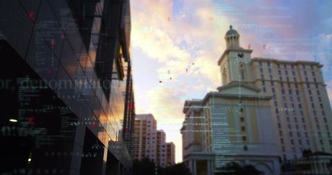 Urban skyline reflecting glass facade, neoclassical dome and code overlay at sunset