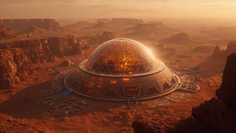 Mars dome colony at sunset — geodesic habitat with multilevel ring base and rovers