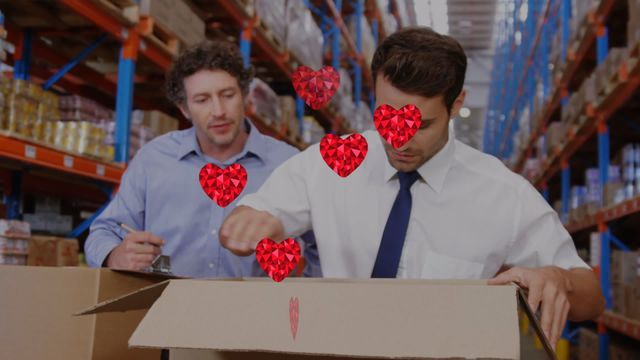 Warehouse workers in professional attire unpacking boxes while surrounded by digitally generated heart graphics. Suitable for use in themes related to teamwork, professional workplace environments, e-commerce, love or passion for work, and digital innovation in logistics.