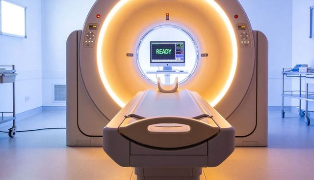 Glowing ct scanner gantry showing ready monitor with patient couch, headrest and straps