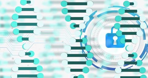 Genomic data encrypting with digital lock hud merging dna strands and cyber circuitry