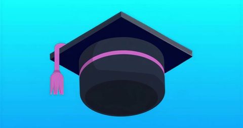 Floating dark navy mortarboard with pink band and tassel on turquoise gradient