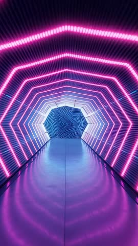 Vertical video gliding through neon hexagon tunnel revealing glowing portal in art gallery