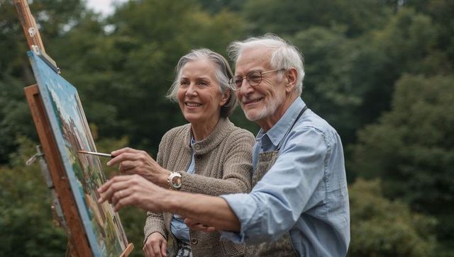Senior couple painting together outdoors at easel, smiling and collaborating on landscape