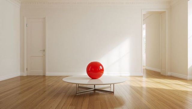 Reflecting red sphere catching sunlight on low white table in bright minimalist living room