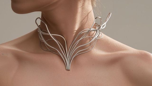 Sculptural silver choker embracing neck and collarbone on elegant female model, closeup