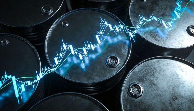 Depicting oil market volatility with candlestick chart overlaying metal barrels