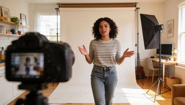 Content Creator Presenting in Home Studio with DSLR Lighting and Backdrop for Vlogging