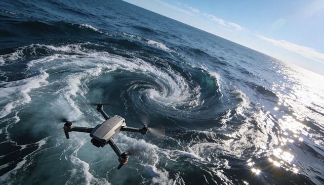 Hovering quadcopter drone filming ocean whirlpool with churning foam, sun glare, cinematic