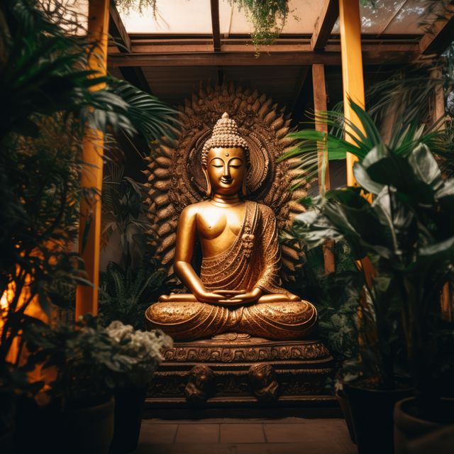 Golden Buddha statue in serene indoor meditation garden surrounded by lush greenery creating a tranquil ambiance. Ideal for content on spirituality, meditation, zen practices, Asian-themed decor, and promoting mindfulness in peaceful settings.