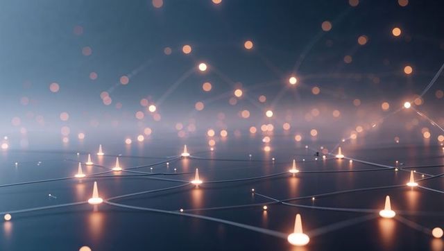 Futuristic Glowing Network Across Reflective Grid Surface