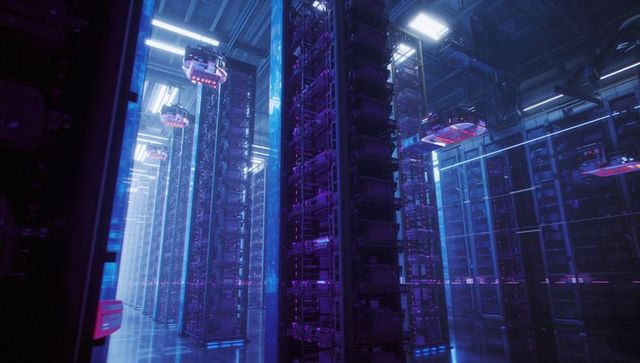 Futuristic Data Center with Glowing Server Racks and Hovering Drones