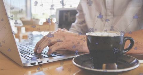 Freelancer Working at Cafe with Coffee, Social Media Concept