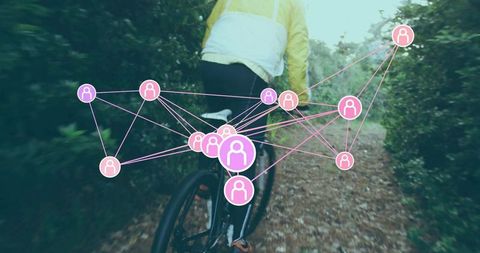 Cyclist on Forest Trail Network with Overlay Icons