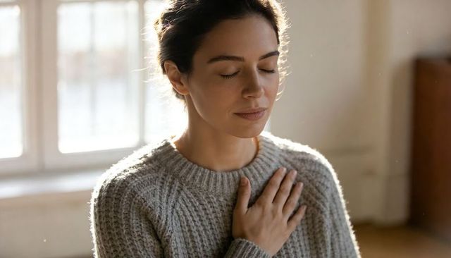 Woman meditating with hand on heart in sunlit cozy knit sweater for mindfulness