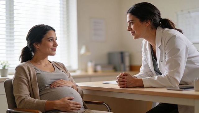Pregnant woman receiving prenatal consultation from caring female doctor in clinic