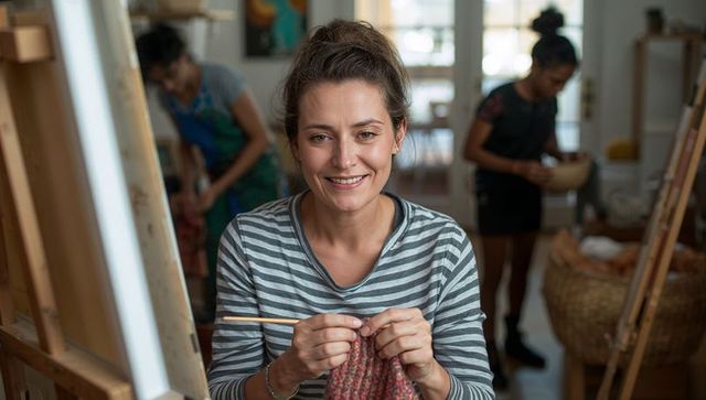 Smiling woman knitting in creative studio workshop with yarn, wooden needles, easel, ceramics