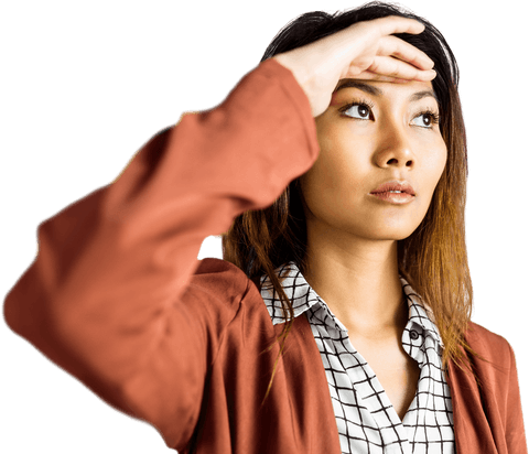 Asian woman gazing forward, transparent background, lifestyle focus