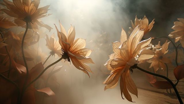 Peach orange daisy blooms bathing in sunlit mist backlit ethereal floral close-up soft glow