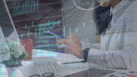 Financial Data Overlay with Woman Using Smartphone in Office