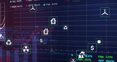 Sustainable Icons Overlay on Financial Data Analysis Concept - Download Free Stock Images Pikwizard.com