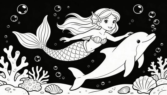 Smiling mermaid swimming with playful dolphin over coral reef coloring page line art