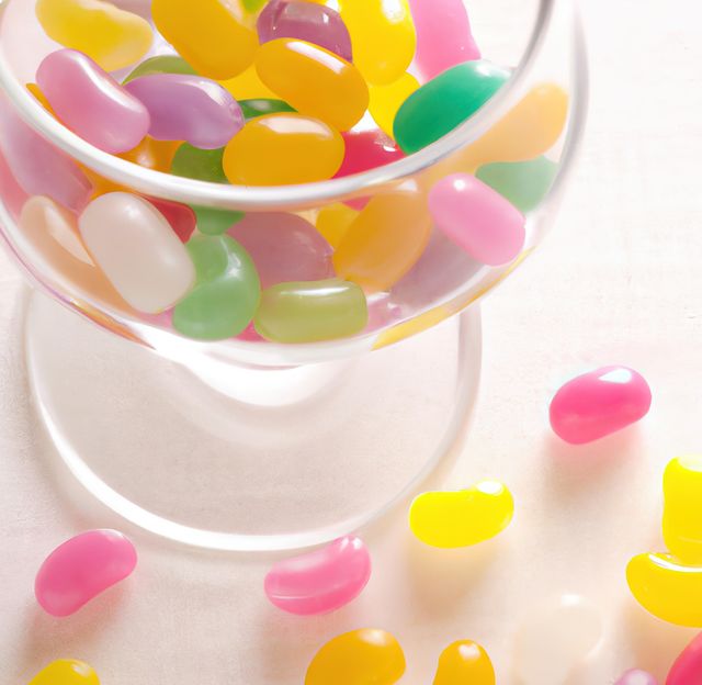 Close-up view of assorted colorful jelly beans in a clear glass container, creating a vibrant and playful atmosphere. Ideal for use in advertisements for candy stores, confectionery products, or promotional materials for events and parties. Perfect for blog posts about sweet treats, soft colors, and child-friendly snacks.