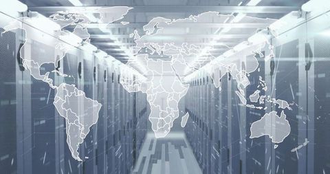 Digital world map overlay in hi-tech data center corridor